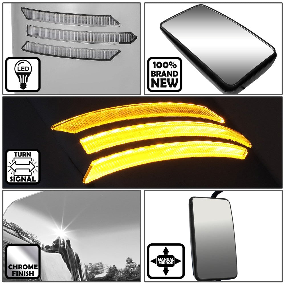 Chrome 24V 3-Strip LED Turn Signal Large Side View Mirror 05-21 Hino BFC-SVMIR-HY-012-CHX2