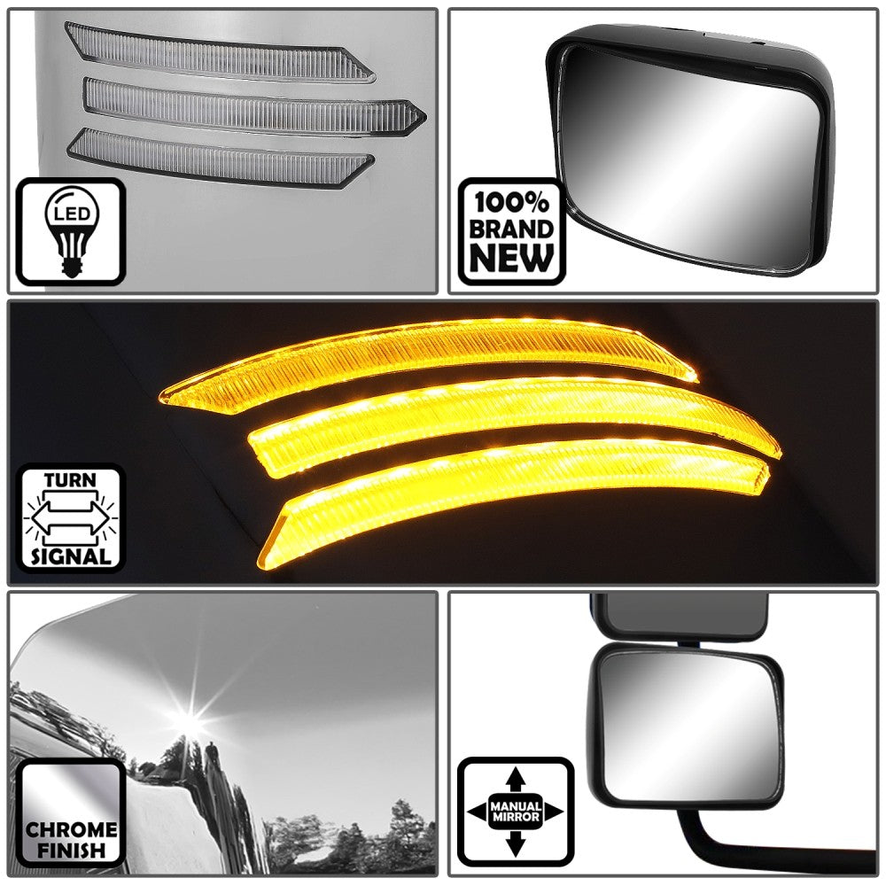 Chrome 24V 3-Strip LED Turn Signal Small Side View Mirror 05-21 Hino BFC-SVMIR-HY-014-CHX2