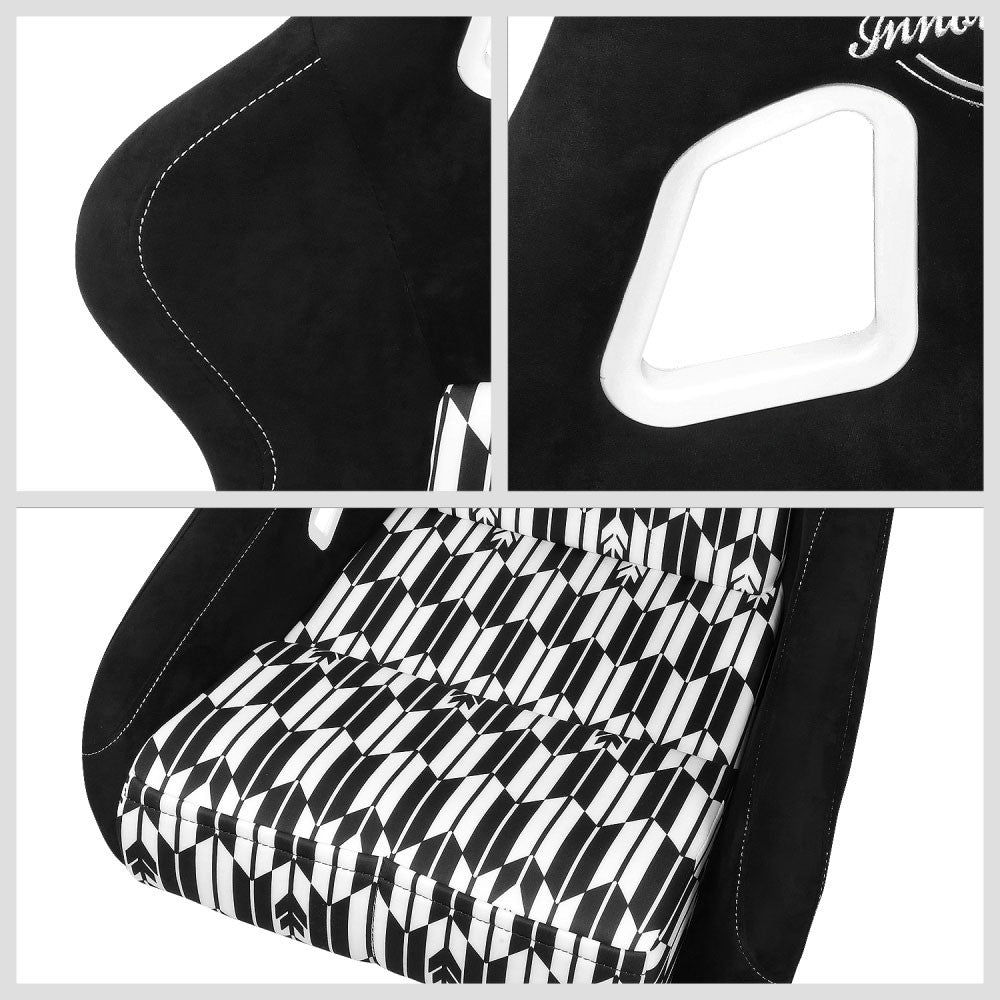 NRG Innovations FRP-302-YABA Black White Prisma Fixed Back Bucket Racing  Seat