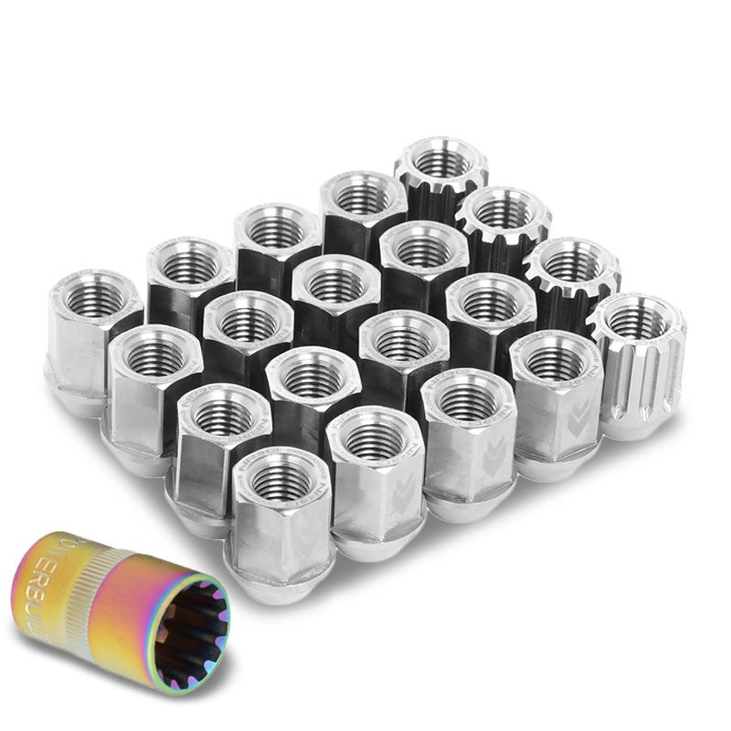 NRG SIlver Open End Spline M12x1.5 Titanium Wheel/Rim Lock Lug Nuts+Adapter Key-Car &amp; Truck Wheels-BuildFastCar