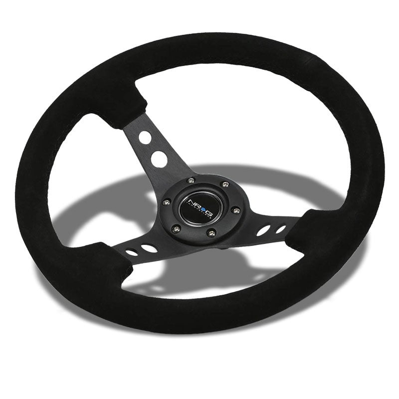 Black Suede/Round Holes 350mm 3" Deep RST-006-S NRG Steering Wheel+Horn Button-Interior-BuildFastCar