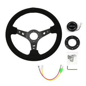 Black Suede/Round Holes 350mm 3" Deep RST-006-S NRG Steering Wheel+Horn Button-Interior-BuildFastCar