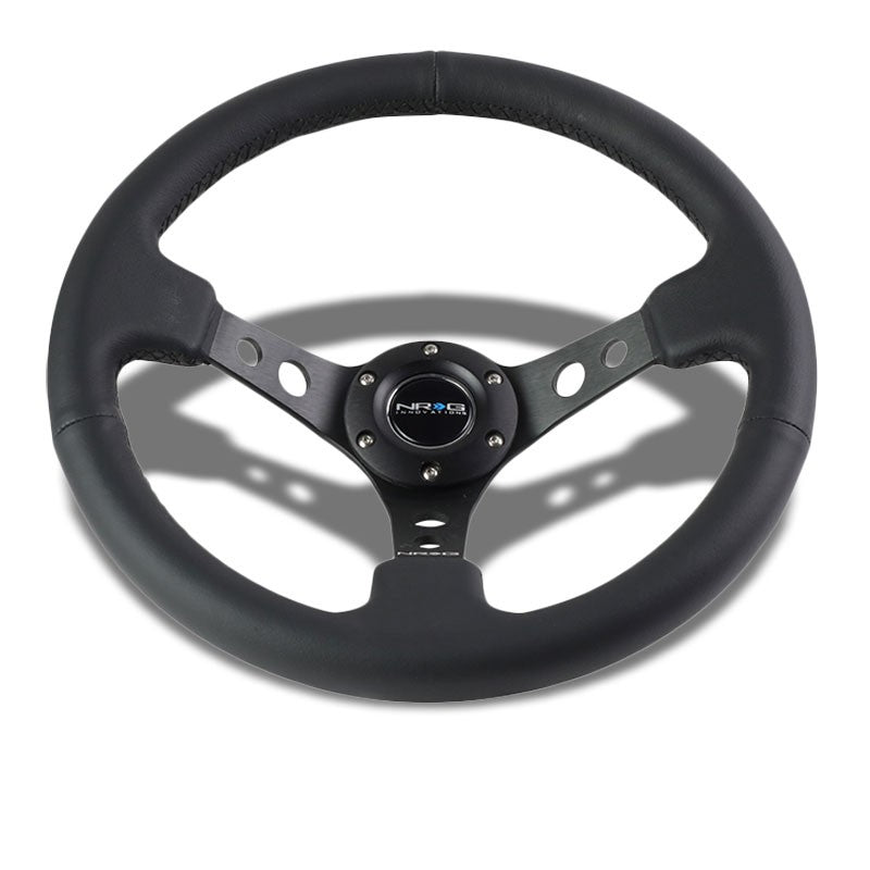 Black Leather/Round Holes Spoke 350mm 3" Deep RST-006BK NRG Steering Wheel+Horn-Interior-BuildFastCar