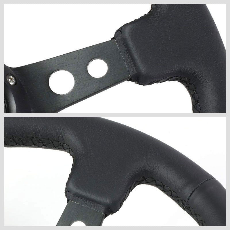 Black Leather/Round Holes Spoke 350mm 3" Deep RST-006BK NRG Steering Wheel+Horn-Interior-BuildFastCar