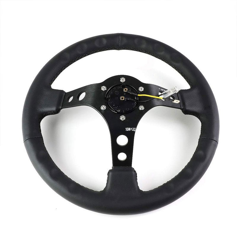 Black Leather/Round Holes Spoke 350mm 3" Deep RST-006BK NRG Steering Wheel+Horn-Interior-BuildFastCar