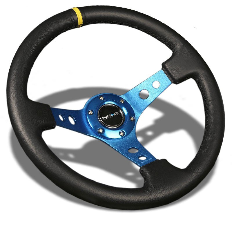 Blue Round Holes/Yellow Stripe 350mm 3" Deep RST-006BL-Y NRG Steering Wheel+Horn-Interior-BuildFastCar