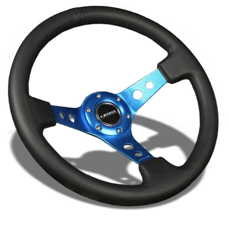 Black Leather/Blue Round Holes 350mm 3" Deep RST-006BL NRG Steering Wheel+Horn-Interior-BuildFastCar