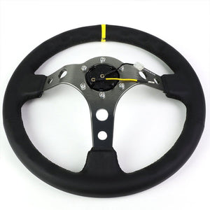 NRG Black Leather/Gunmetal Spokes/Stripe Deep Dish 6-Bolt 350mm Steering Wheel-Interior-BuildFastCar