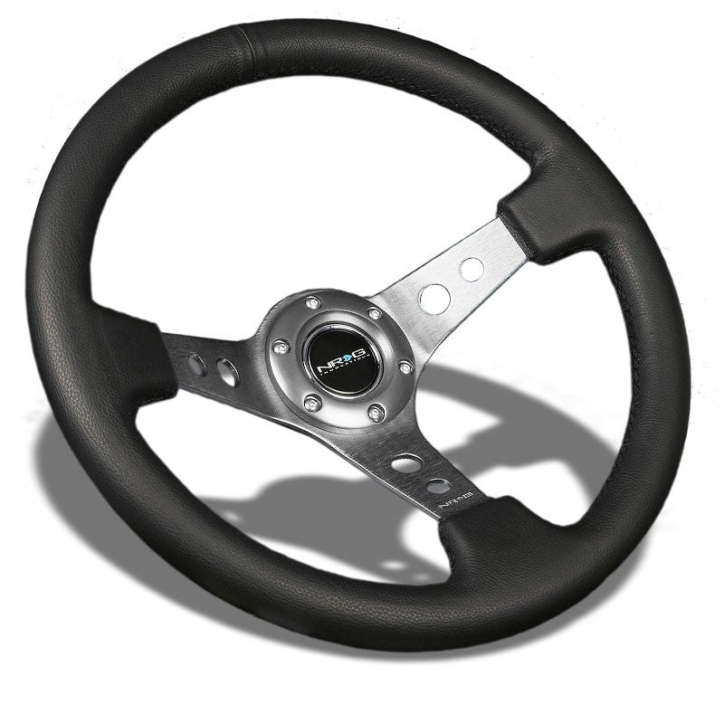 Leather/Gunmetal Round Holes 350mm 3" Deep RST-006GM NRG Steering Wheel+Horn-Interior-BuildFastCar