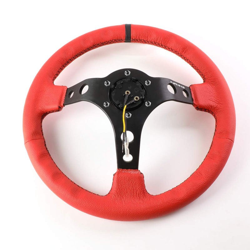 Red Leather/Black Round Holes 350mm 3" Deep RST-006RR-BS-B NRG Steering Wheel-Interior-BuildFastCar