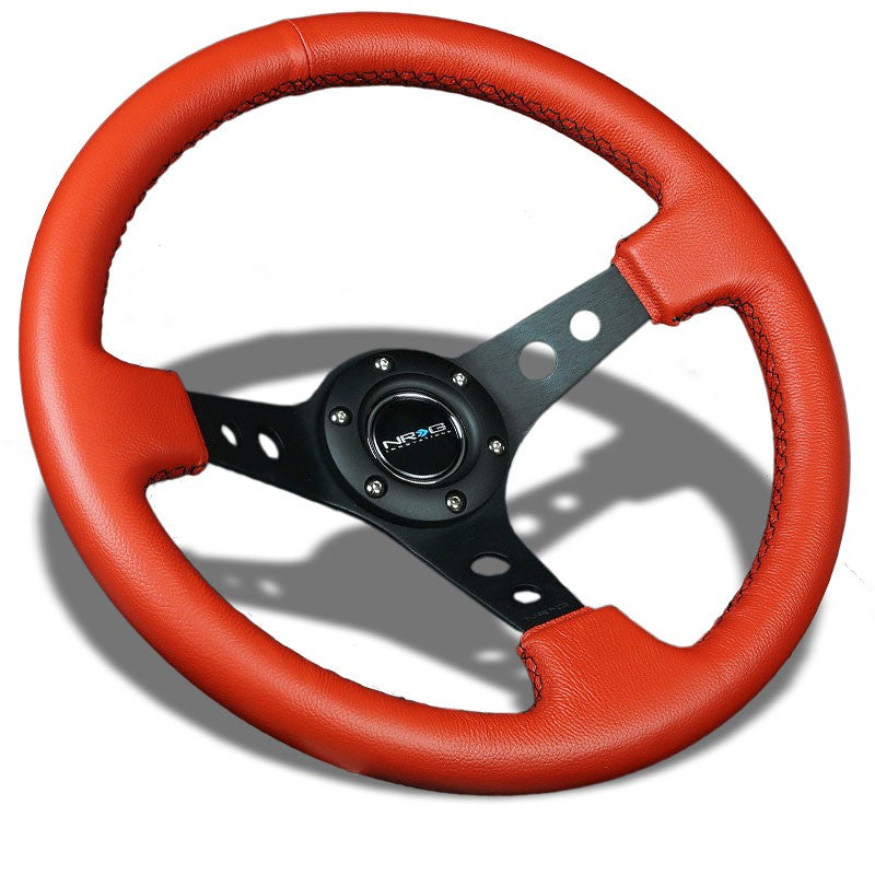 Red Leather/Black Round Holes 350mm 3" Deep RST-006RR-BS NRG Steering Wheel+Horn-Interior-BuildFastCar