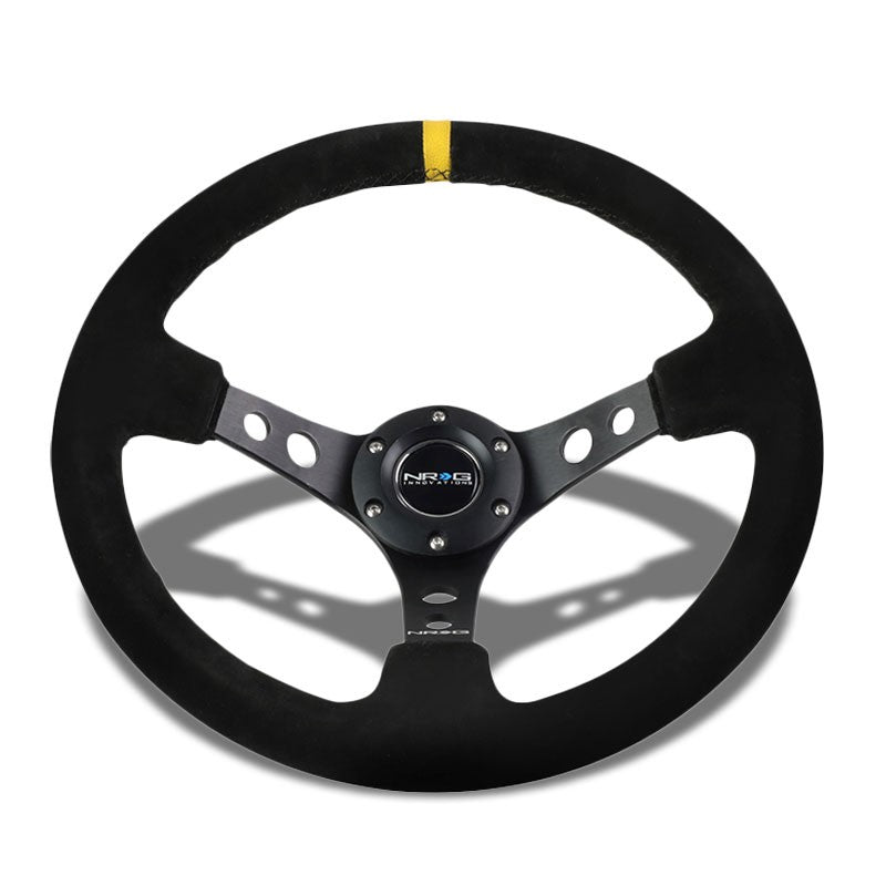 Black Round Holes/Yellow Stripe 350mm 3" Deep RST-006S-Y NRG Steering Wheel+Horn-Interior-BuildFastCar