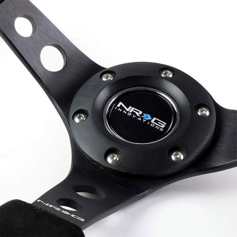 Black Round Holes/Yellow Stripe 350mm 3" Deep RST-006S-Y NRG Steering Wheel+Horn-Interior-BuildFastCar