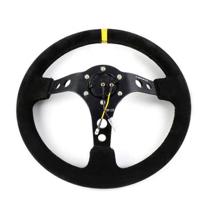 Black Round Holes/Yellow Stripe 350mm 3" Deep RST-006S-Y NRG Steering Wheel+Horn-Interior-BuildFastCar