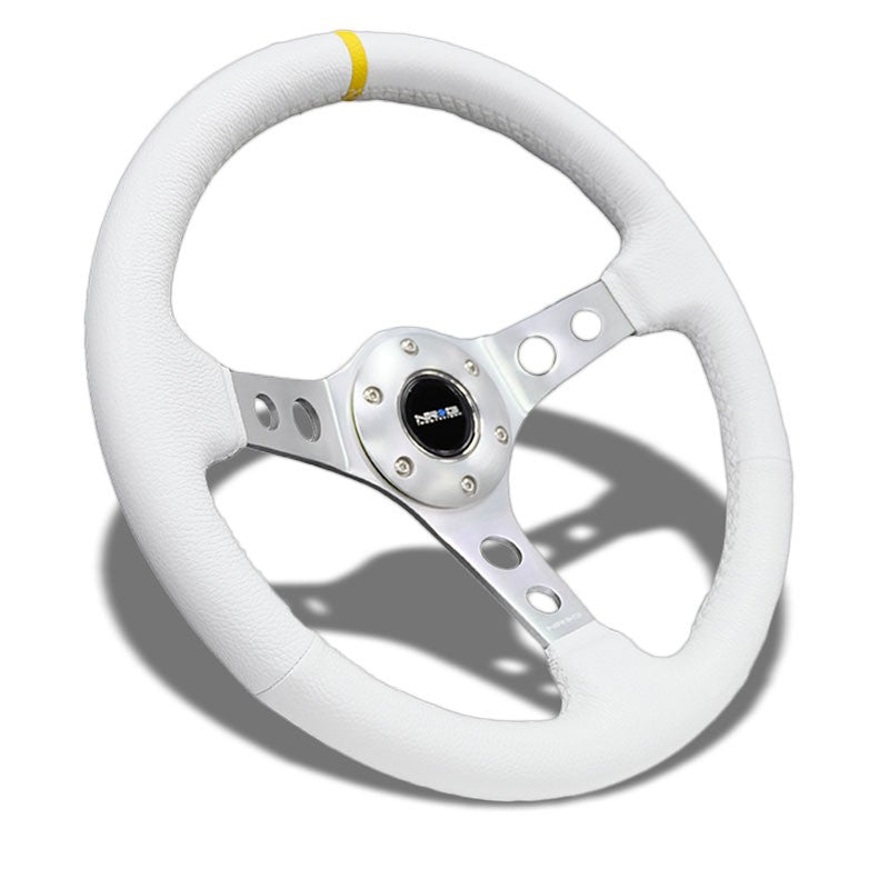 White Leather/Silver Round Hole 350mm 3" Deep RST-006WT-Y NRG Steering Wheel-Interior-BuildFastCar