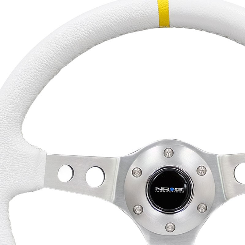 White Leather/Silver Round Hole 350mm 3" Deep RST-006WT-Y NRG Steering Wheel-Interior-BuildFastCar