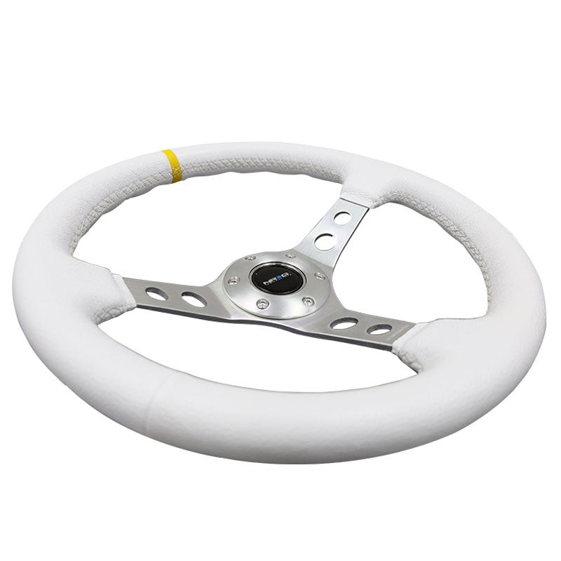 White Leather/Silver Round Hole 350mm 3" Deep RST-006WT-Y NRG Steering Wheel-Interior-BuildFastCar