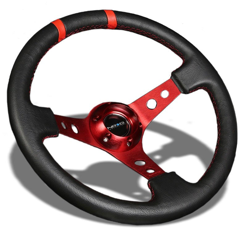 Red Round Holes/Stitch/Stripe 350mm 3&quot; Deep RST-016R-RD NRG Steering Wheel+Horn-Interior-BuildFastCar