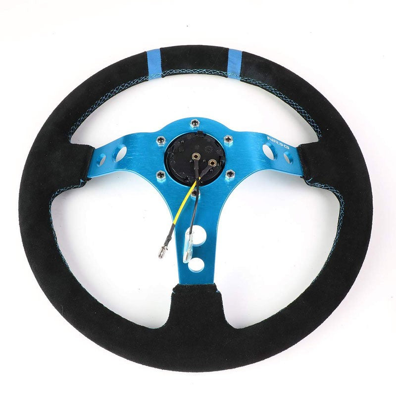 Blue Round Holes/Stitch/Stripe 350mm 3" Deep RST-016S-NB NRG Steering Wheel+Horn-Interior-BuildFastCar