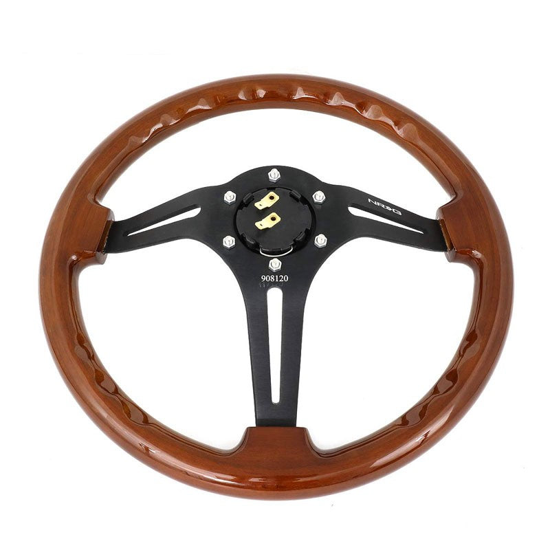 NRG RST-018BR-BK Brown Wood/BlackSlit Holes 3 Spoke Steering Wheel+Horn Button-Interior-BuildFastCar