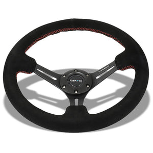 NRG RST-018S-RS Black Suede/Slit Holes 3 Spoke Steering Wheel+Horn Button-Interior-BuildFastCar