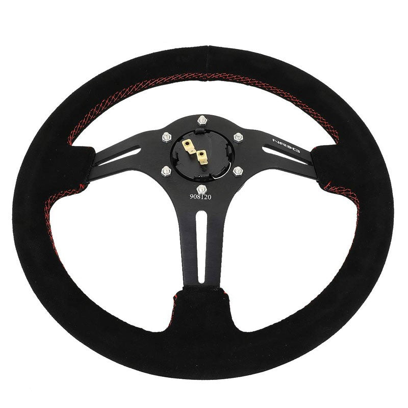NRG RST-018S-RS Black Suede/Slit Holes 3 Spoke Steering Wheel+Horn Button-Interior-BuildFastCar
