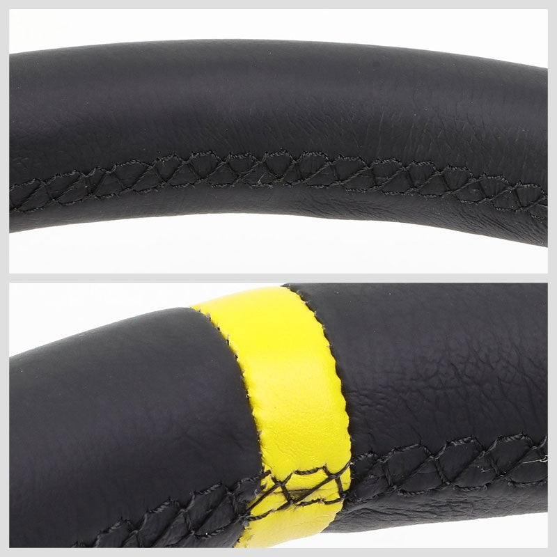 NRG Black Leather/2 Spokes/Yellow Stripe Deep Dish 6-Bolt 350mm Steering Wheel-Interior-BuildFastCar