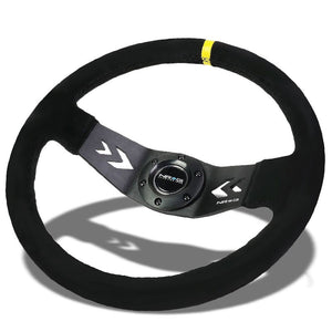 NRG Black Suede/2 Spokes/Yellow Stripe Deep Dish 6-Bolt 350mm Steering Wheel-Interior-BuildFastCar