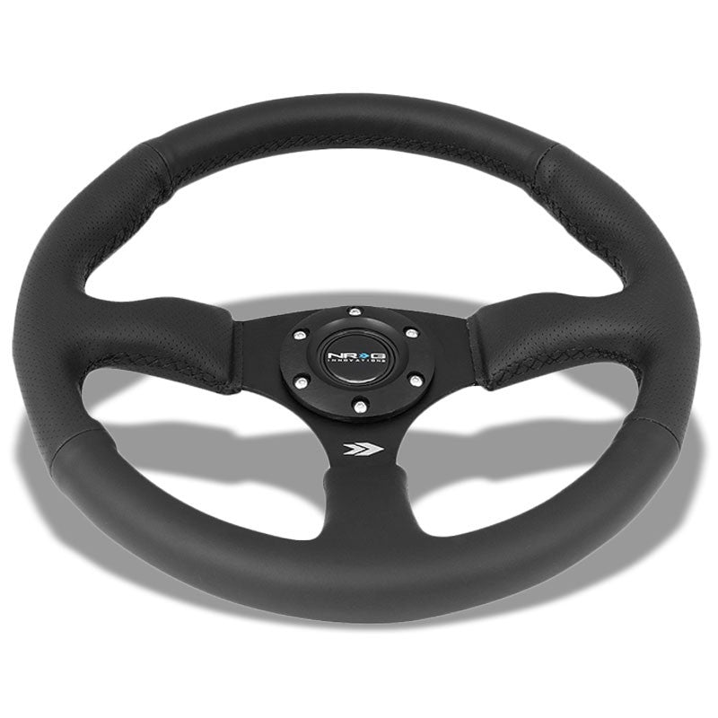 NRG RST-023MB-R Black Leather/Thumb Grip 3 Spoke Steering Wheel+Horn Button-Interior-BuildFastCar