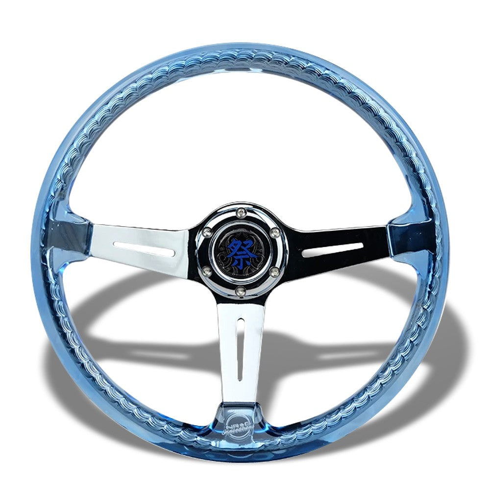 NRG 350mm Universal MATSURI 3-Spoke Blue Twisted Chrome Steering Wheel NRG-RST-027CH-BL