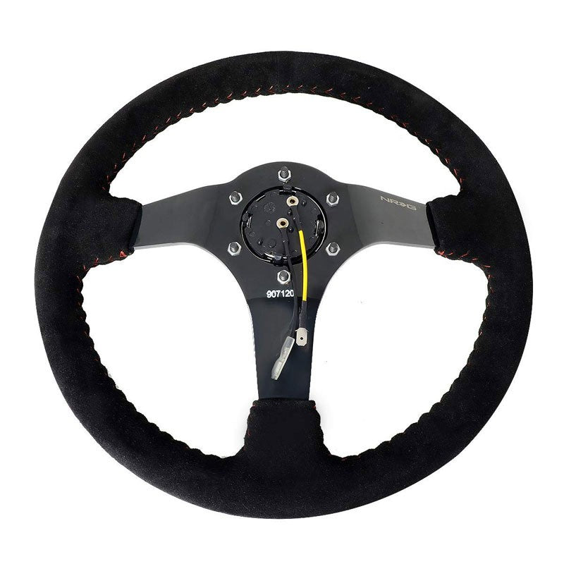 Black Suede/Red Stitch Vintage 350mm 3" Deep RST-036BK-S NRG Steering Wheel+Horn-Interior-BuildFastCar