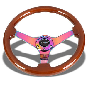 Brown Wood/Neo Chrome Vintage 350mm 3" Deep RST-036BR-MC NRG Steering Wheel+Horn-Interior-BuildFastCar
