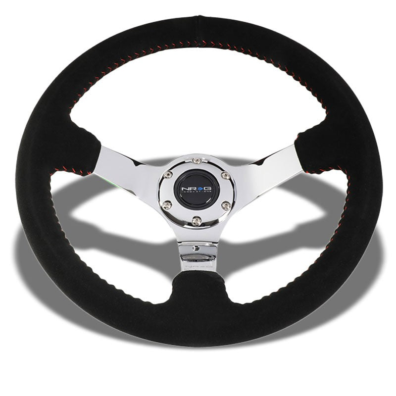 Black Suede/Red Stitch Vintage 350mm 3" Deep RST-036CH-S NRG Steering Wheel+Horn-Interior-BuildFastCar