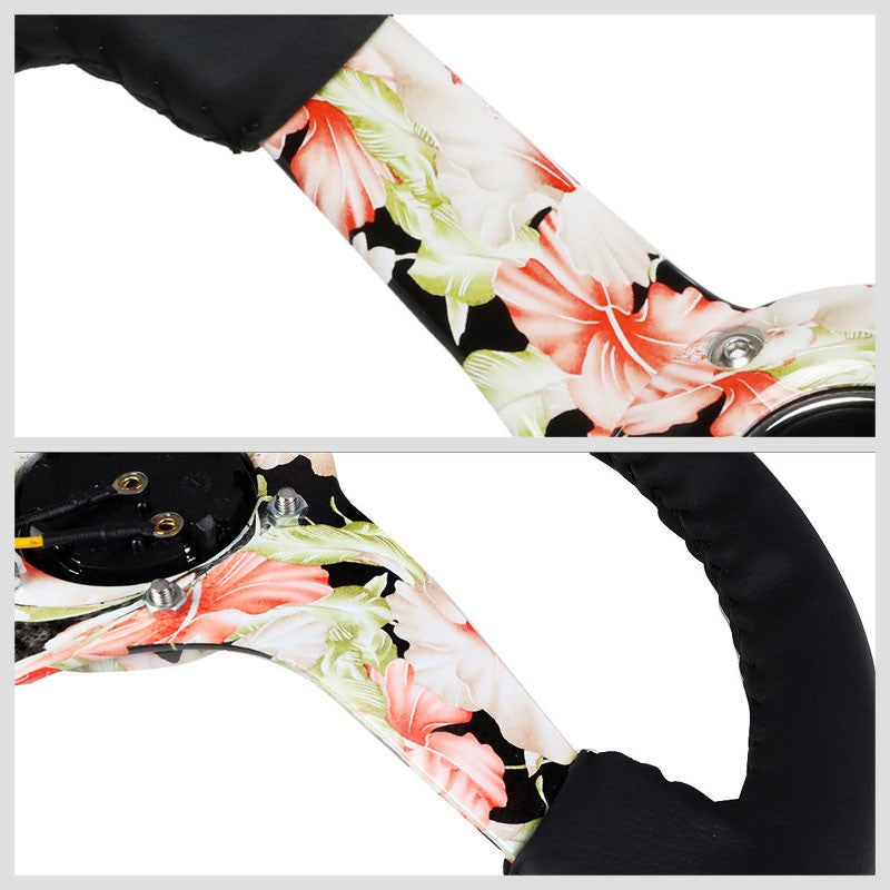 Leather/Quadcolor Floral Spoke 350mm 3" Deep RST-036FL-R NRG Steering Wheel+Horn-Interior-BuildFastCar