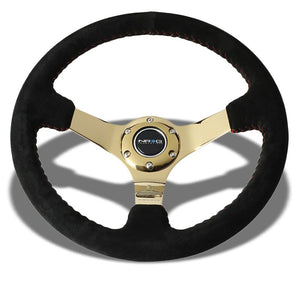 Black Suede/Gold Spoke Vintage 350mm 3" Deep RST-036GD-S NRG Steering Wheel+Horn-Interior-BuildFastCar