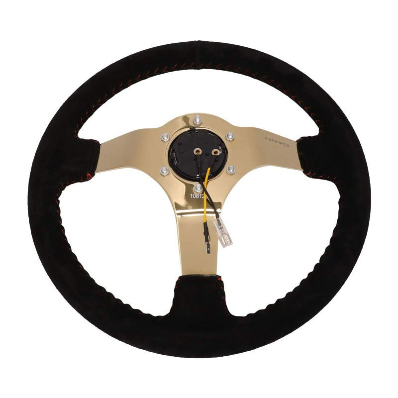 Black Suede/Gold Spoke Vintage 350mm 3" Deep RST-036GD-S NRG Steering Wheel+Horn-Interior-BuildFastCar