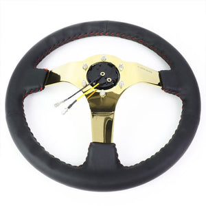NRG Black Leather/Gold Spokes Deep Dish 6-Bolt 350mm Steering Wheel+Horn Button-Interior-BuildFastCar