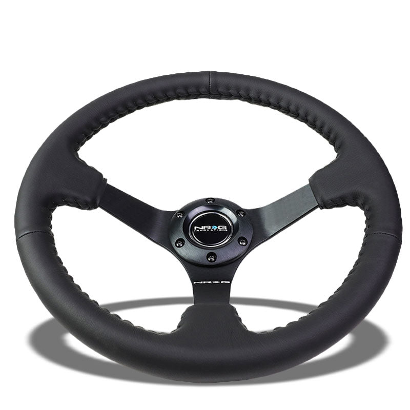 NRG Black Leather/Gold Spokes Deep Dish 6-Bolt 350mm Steering Wheel+Horn Button-Interior-BuildFastCar