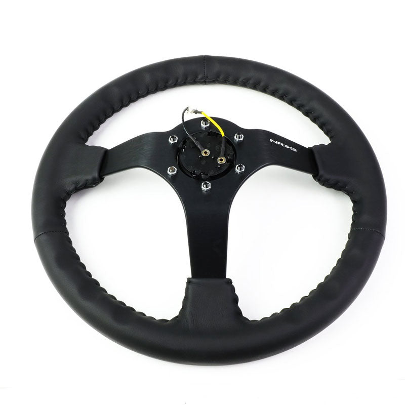 NRG Black Leather/Gold Spokes Deep Dish 6-Bolt 350mm Steering Wheel+Horn Button-Interior-BuildFastCar