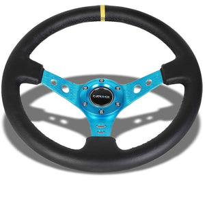 Blue Round Holes/Yellow Stripe 350mm 3" Deep ST-006NB-Y NRG Steering Wheel+Horn-Interior-BuildFastCar