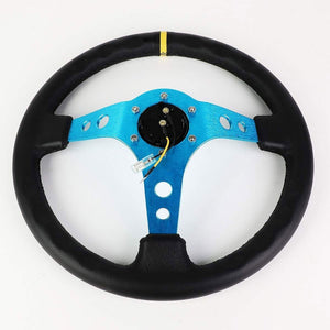 Blue Round Holes/Yellow Stripe 350mm 3" Deep ST-006NB-Y NRG Steering Wheel+Horn-Interior-BuildFastCar