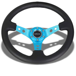 Black Leather/Blue Round Holes 350mm 3" Deep ST-006NB NRG Steering Wheel+Horn-Interior-BuildFastCar