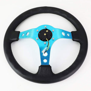 Black Leather/Blue Round Holes 350mm 3" Deep ST-006NB NRG Steering Wheel+Horn-Interior-BuildFastCar