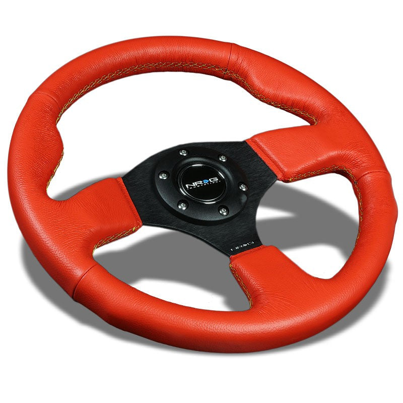 Red Grip Leather/Yellow Stitch 320mm ST-012RR-YS NRG Steering Wheel+Horn Button-Interior-BuildFastCar
