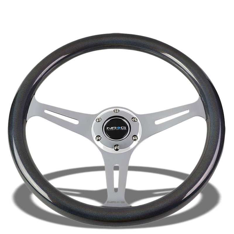 NRG Sparkle Black Wood Gain/Chrome Spokes Deep Dish 6-Bolt 350mm Steering Wheel-Interior-BuildFastCar