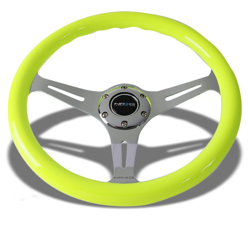 Neon Yellow Wood/Chrome Slit Holes 350mm 2" Deep ST-015CH-NYW NRG Steering Wheel-Interior-BuildFastCar