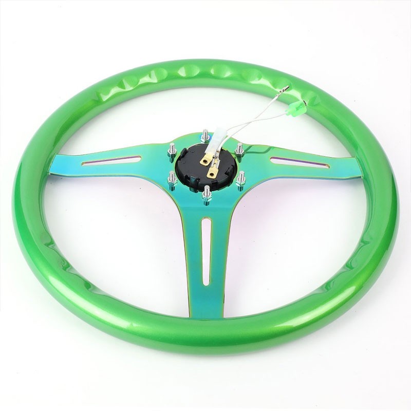 NRG Green Wood Gain/Neo Chrome 3 Spokes Deep Dish 6-Bolt 350mm Steering Wheel-Interior-BuildFastCar