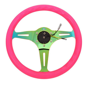 NRG 350mm Neo Pink/Neochrome 3-Spoke 6-Bolt Racing Steering Wheel+Horn Button-Steering Wheels & Accessories-BuildFastCar
