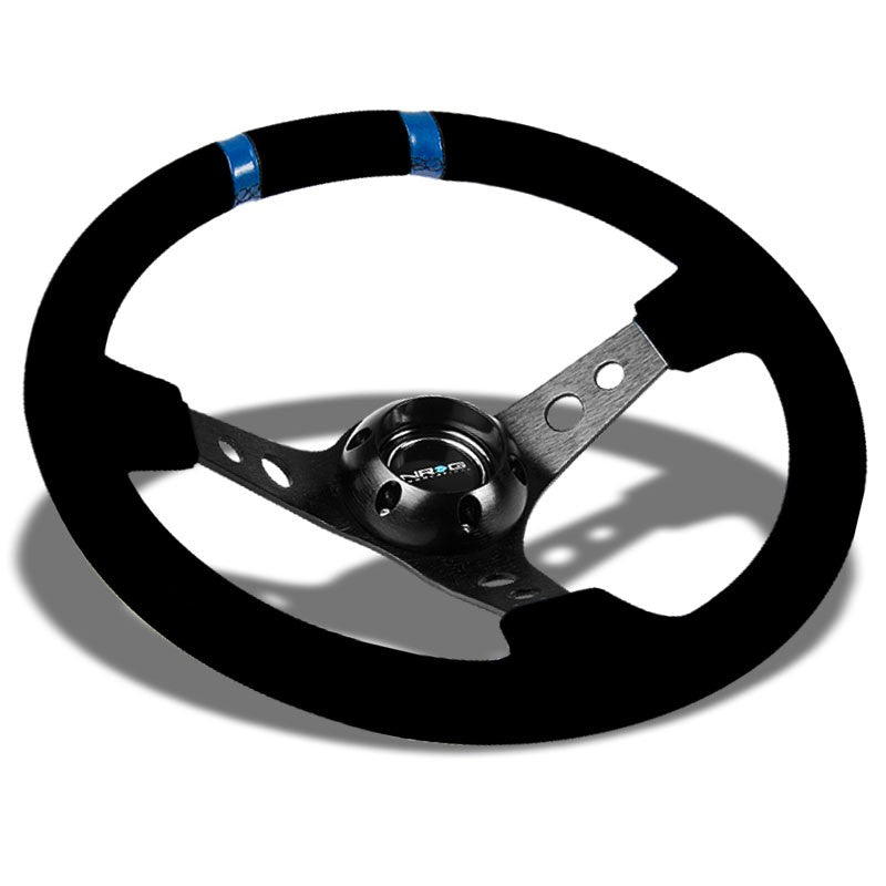 Black Round Holes/Blue Stripe 350mm 3&quot; Deep ST-016-S-BK NRG Steering Wheel+Horn-Interior-BuildFastCar