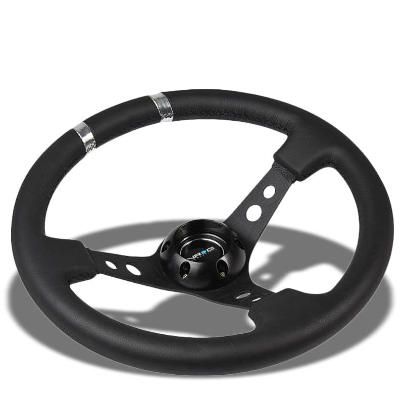 NRG Black Leather/3 Spokes/Dual Stripe Deep Dish 6-Bolt 350mm Steering Wheel-Interior-BuildFastCar